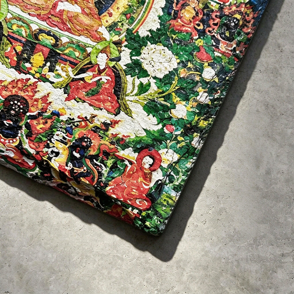 Tibetan Buddhist lineage masters black slate art tile, close-up of the printed details, surface texture and slate edge.