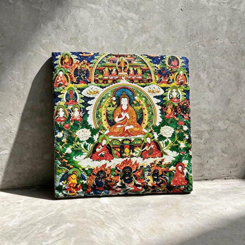 Tibetan Buddhist lineage masters black slate art tile, front view of the printed artwork and natural slate edges.