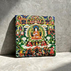 Tibetan Buddhist lineage masters black slate art tile, front view of the printed artwork and natural slate edges.
