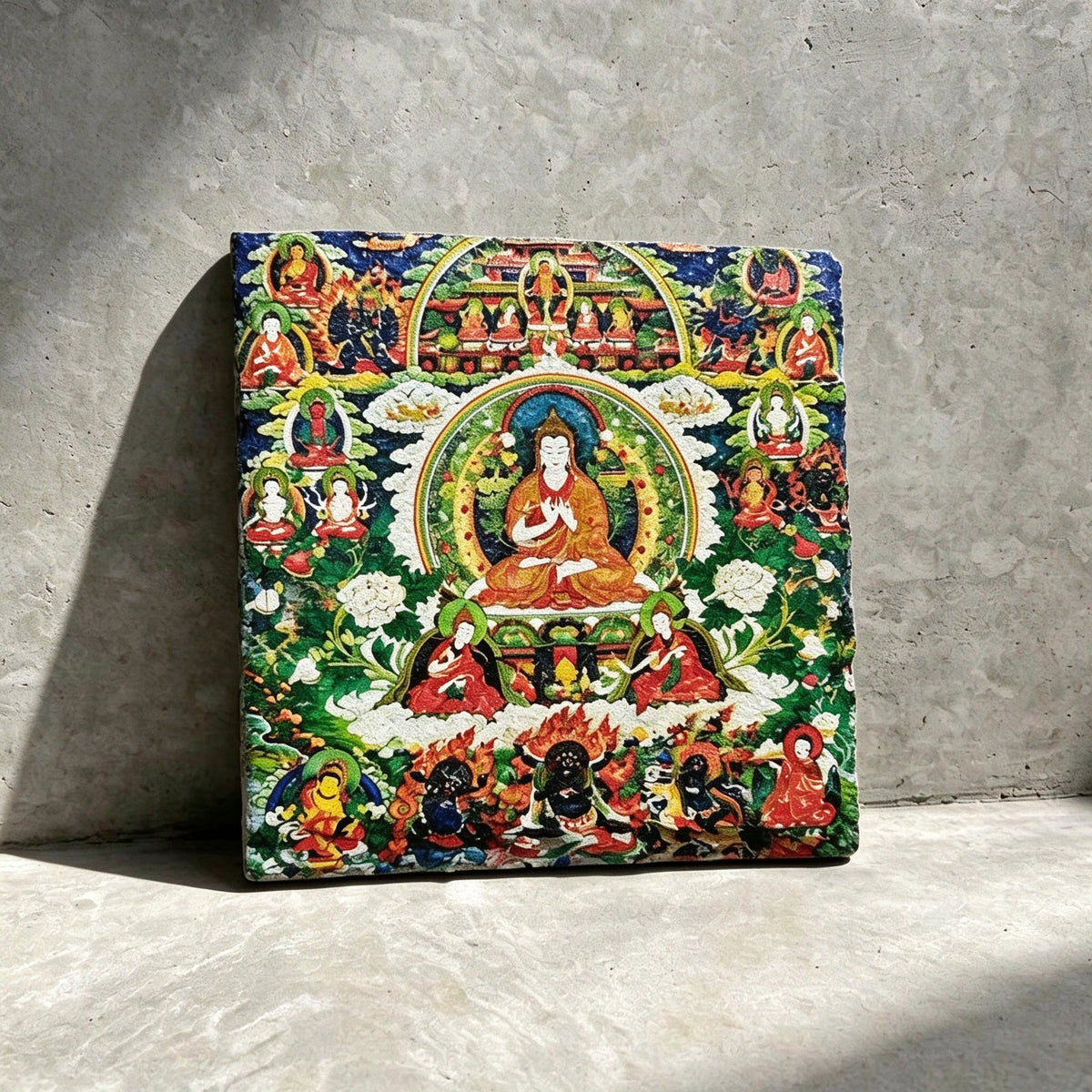 Tibetan Buddhist lineage masters black slate art tile, front view of the printed artwork and natural slate edges.