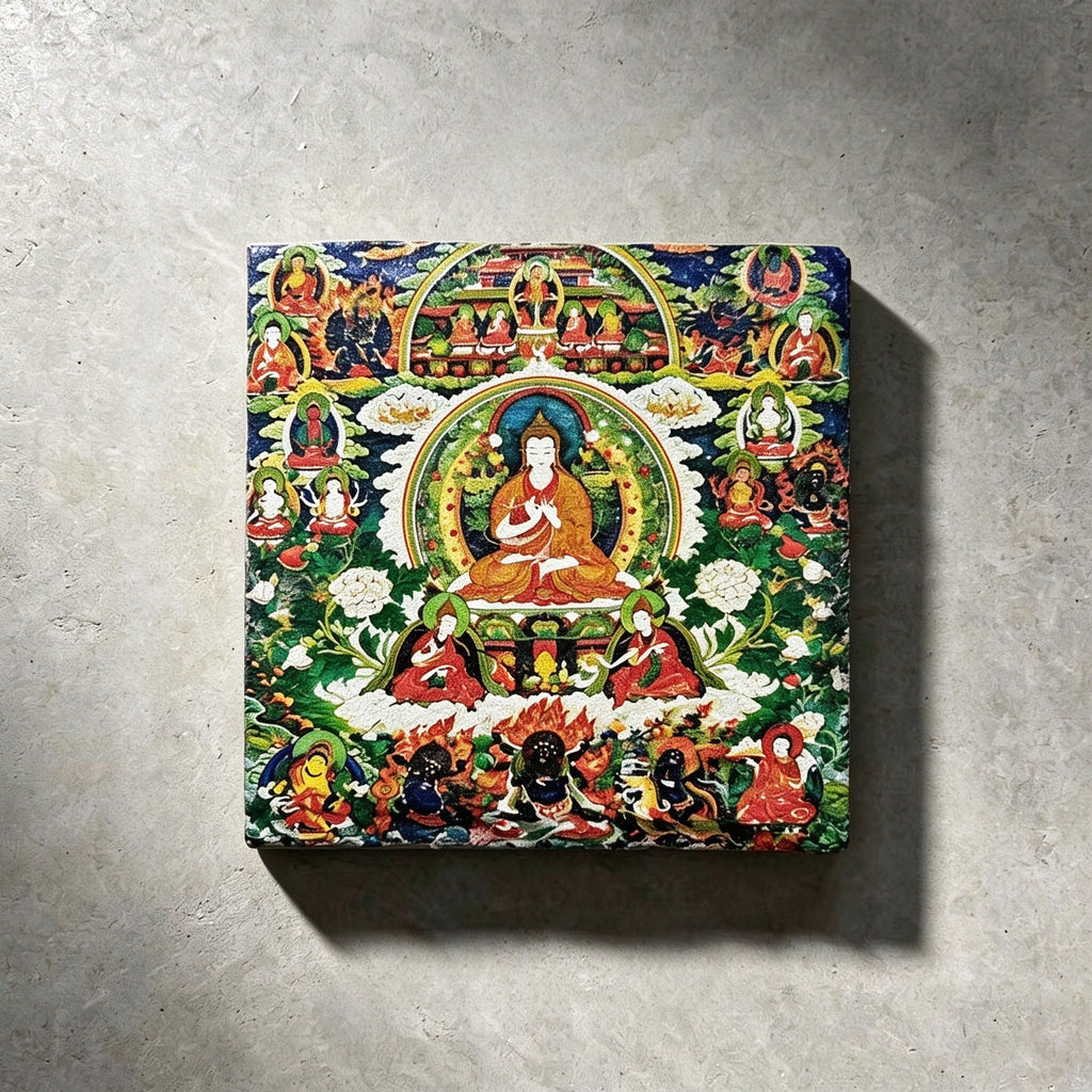 Tibetan Buddhist lineage masters black slate art tile, front view of the printed artwork and natural slate edges.
