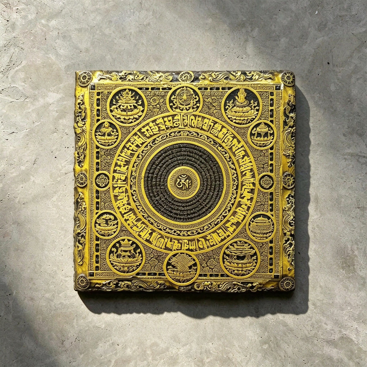 Tibetan Buddhist mandala black slate art tile, front view of the printed artwork and natural slate edges.