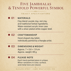 Five Jambhalas pendant specifications card covering materials, dimensions and care notes