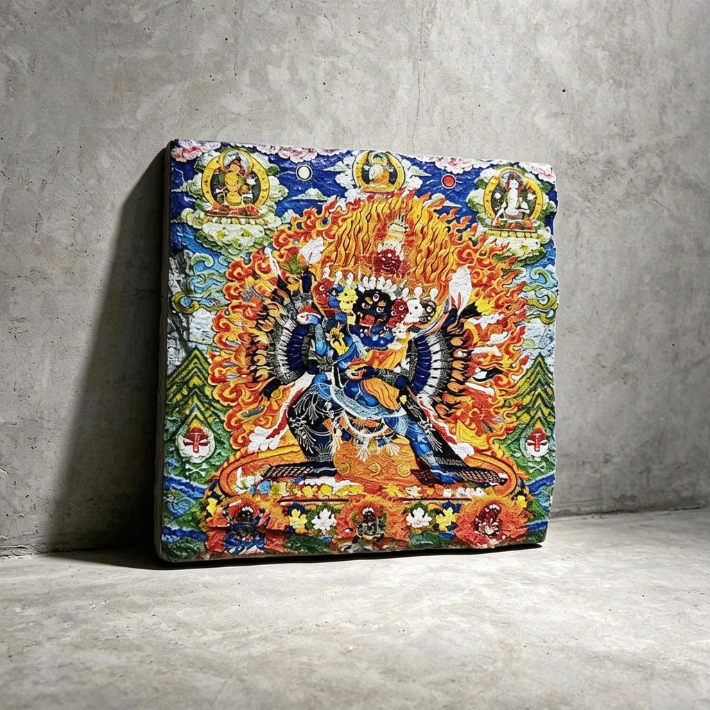 Yamantaka black slate art tile, angled view showing the printed face and slate thickness.