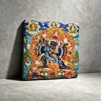 Yamantaka black slate art tile, angled view showing the printed face and slate thickness.