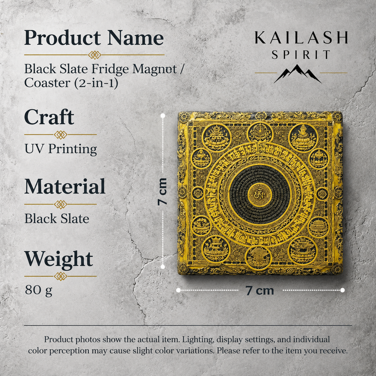 Tibetan Buddhist mandala black slate art tile, specification graphic with the artwork, dimensions and material information.