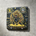 Black Mahakala black slate art tile, front view of the printed artwork and natural slate edges.
