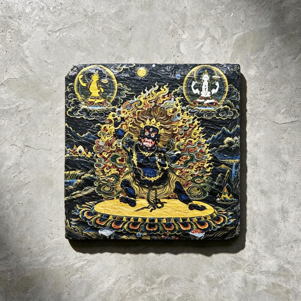 Black Mahakala black slate art tile, front view of the printed artwork and natural slate edges.
