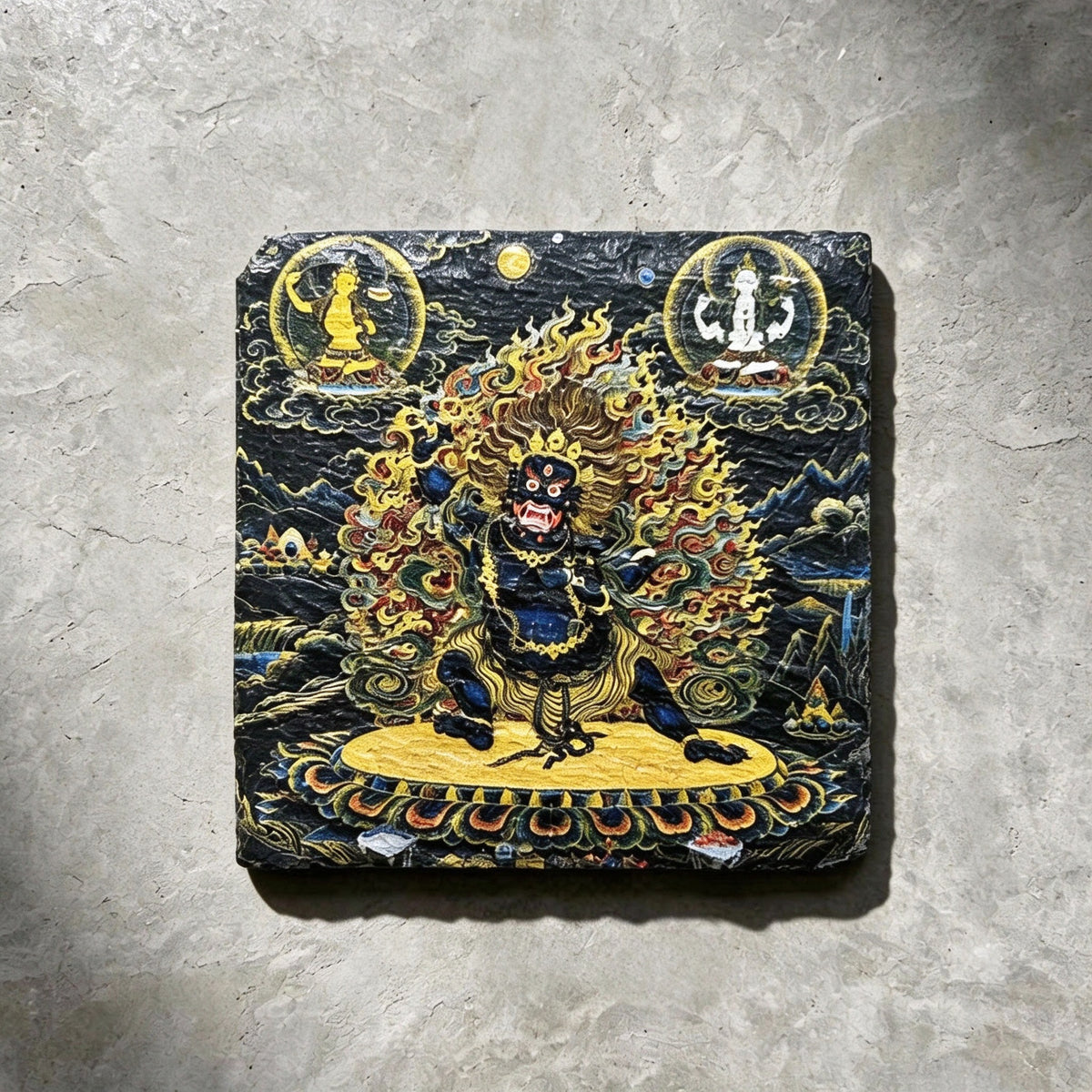 Black Mahakala black slate art tile, front view of the printed artwork and natural slate edges.
