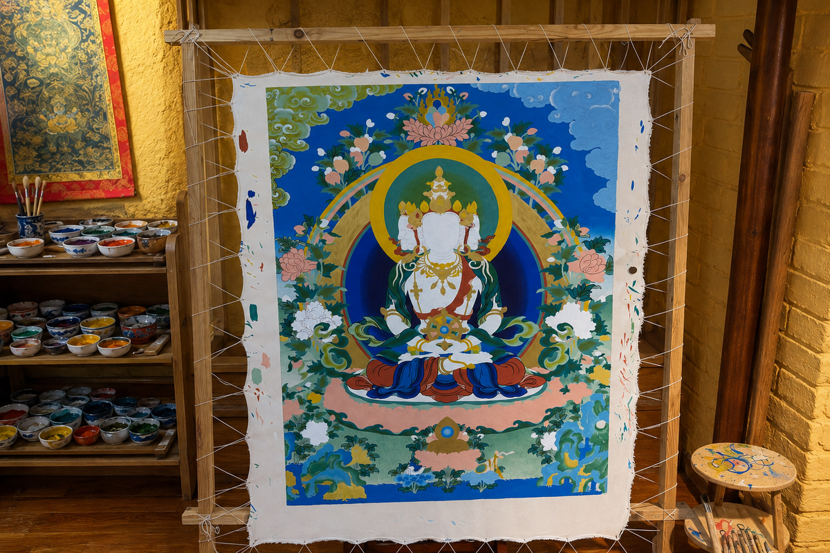 唐卡畫師在工作室中繪製作品