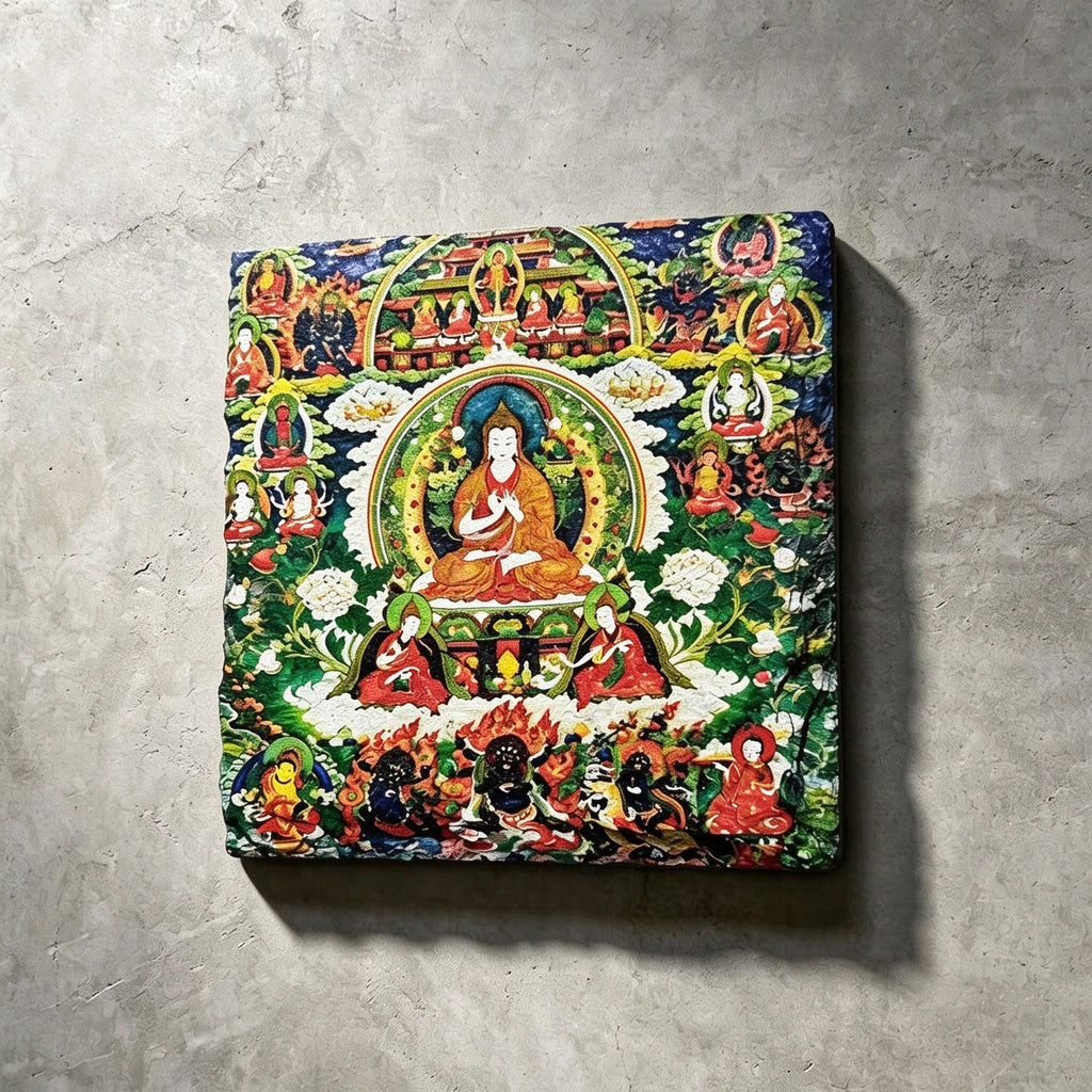 Tibetan Buddhist lineage masters black slate art tile, front view of the printed artwork and natural slate edges.
