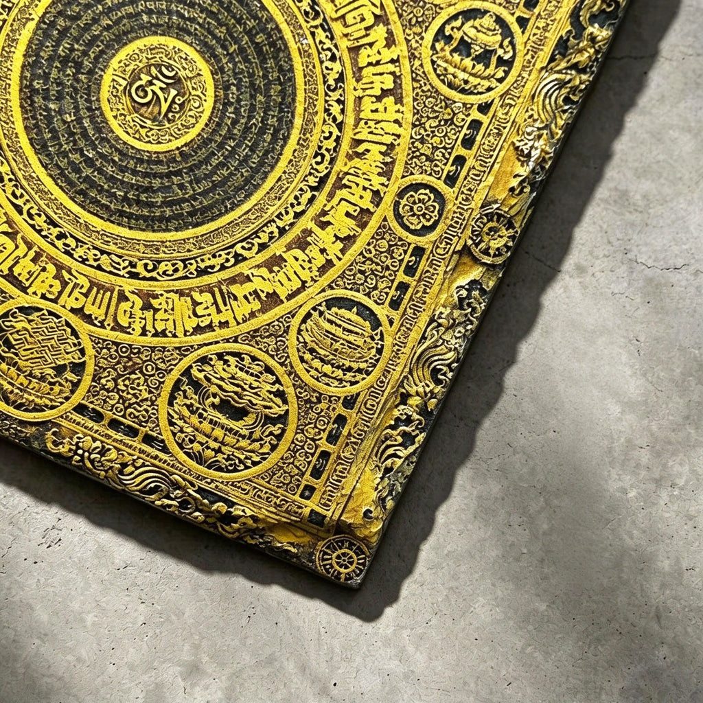 Tibetan Buddhist mandala black slate art tile, close-up of the printed details, surface texture and slate edge.