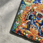 Yamantaka black slate art tile, close-up of the printed details, surface texture and slate edge.