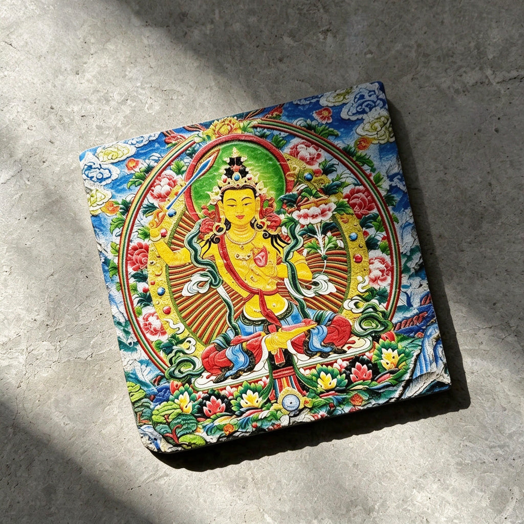 Yellow Manjushri black slate art tile, angled view showing the printed face and slate thickness.