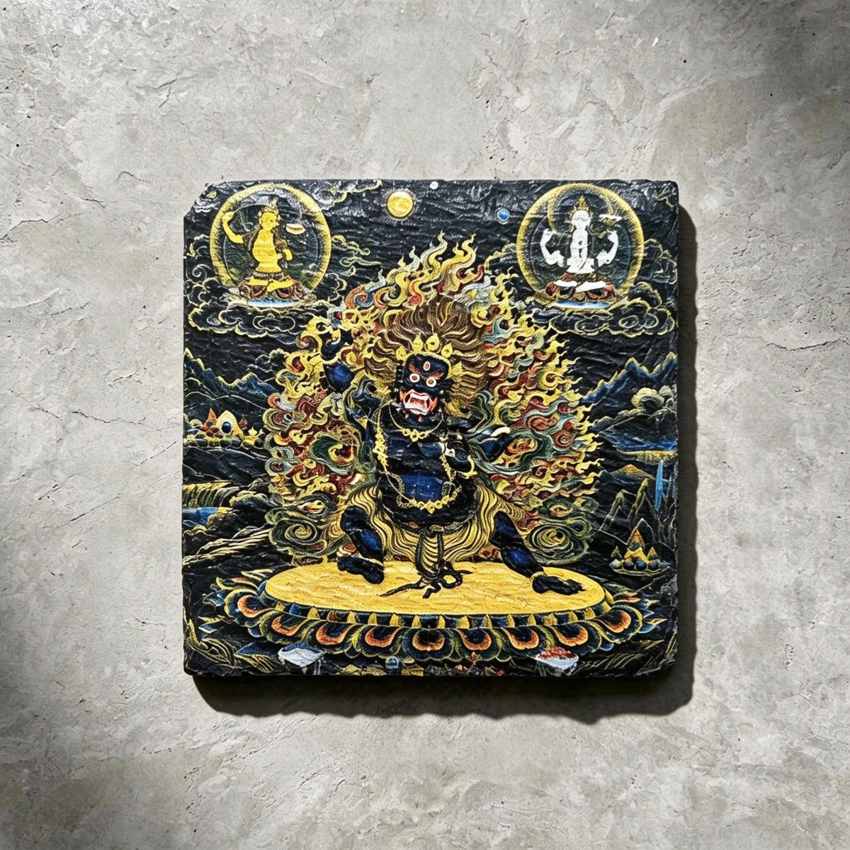 Black Mahakala black slate art tile, front view of the printed artwork and natural slate edges.